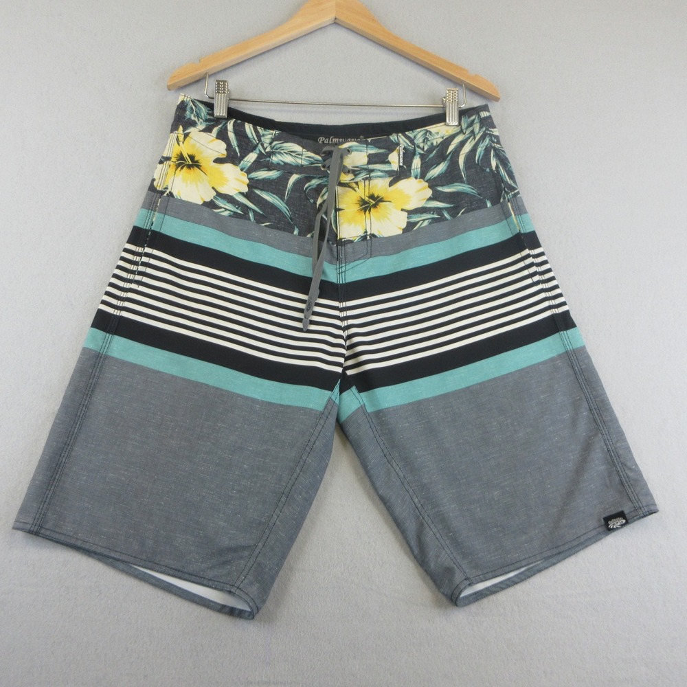 Palmwave Board Shorts Men 32 Gray‎ Teal Floral Striped Pockets Stretch Surf Swim